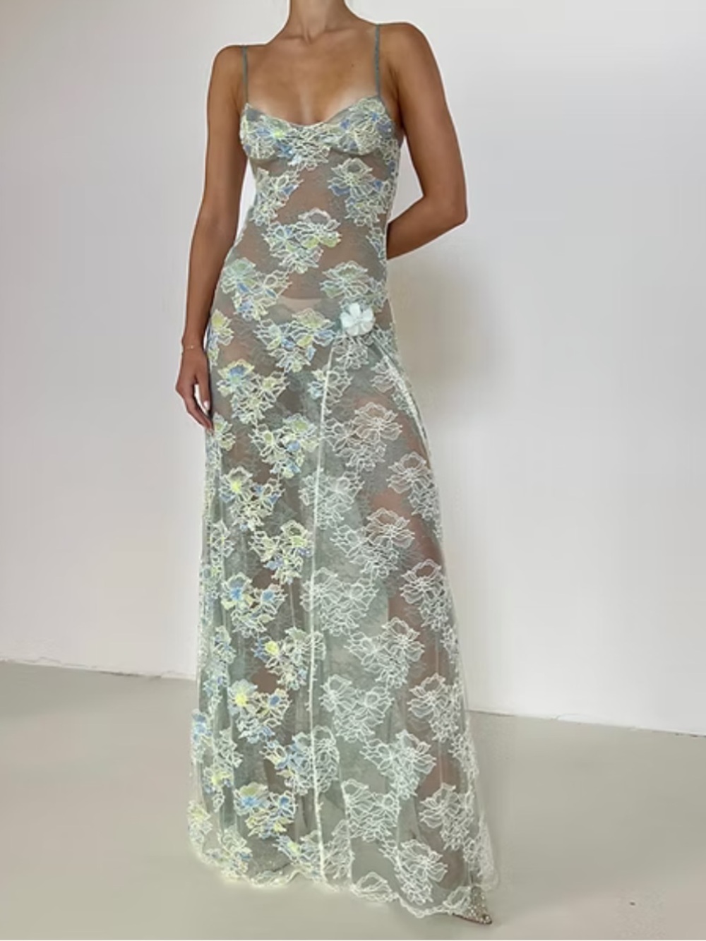 Roberta Einer YELLOW Sheer Floral Lace Maxi Dress